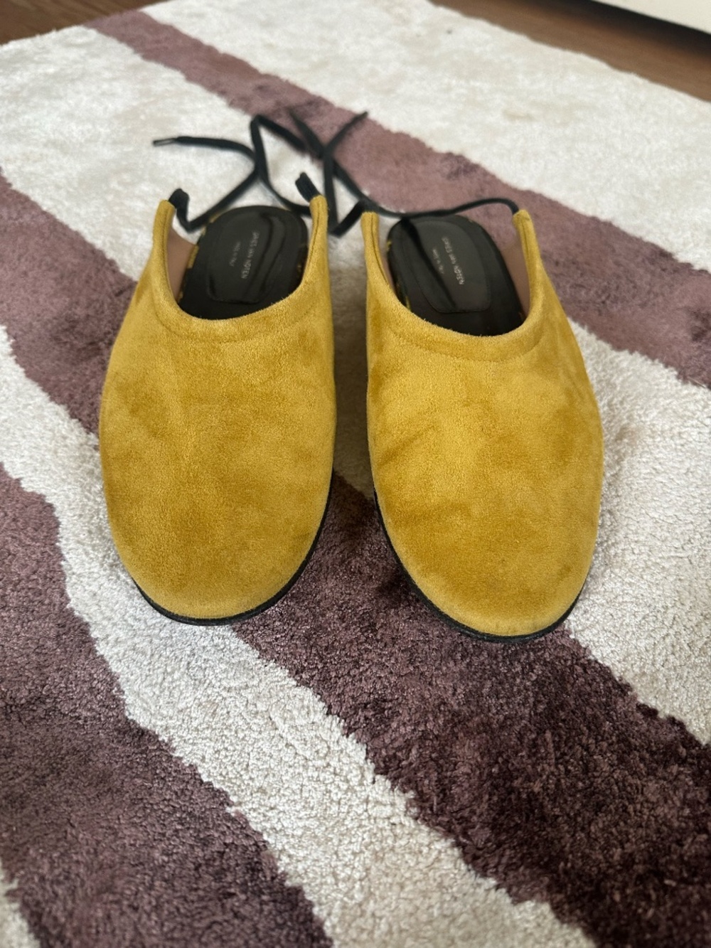 Dries Van Noten Suede Mules 38 Almond Pointed Toe Ballet Flat Laces Gold Yellow - Picture 9 of 9